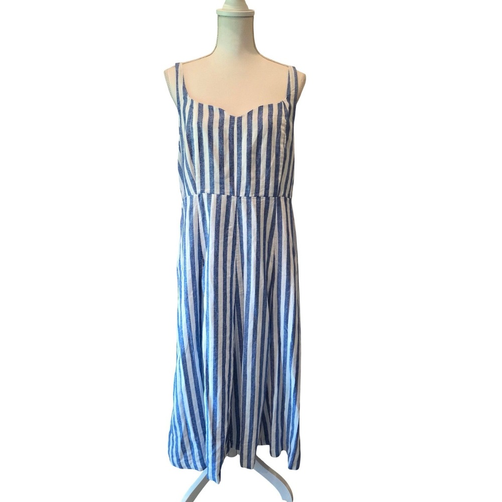 Old Navy Midi Dress Linen Blend Striped Fit Flare Blue White Coastal Summer XL